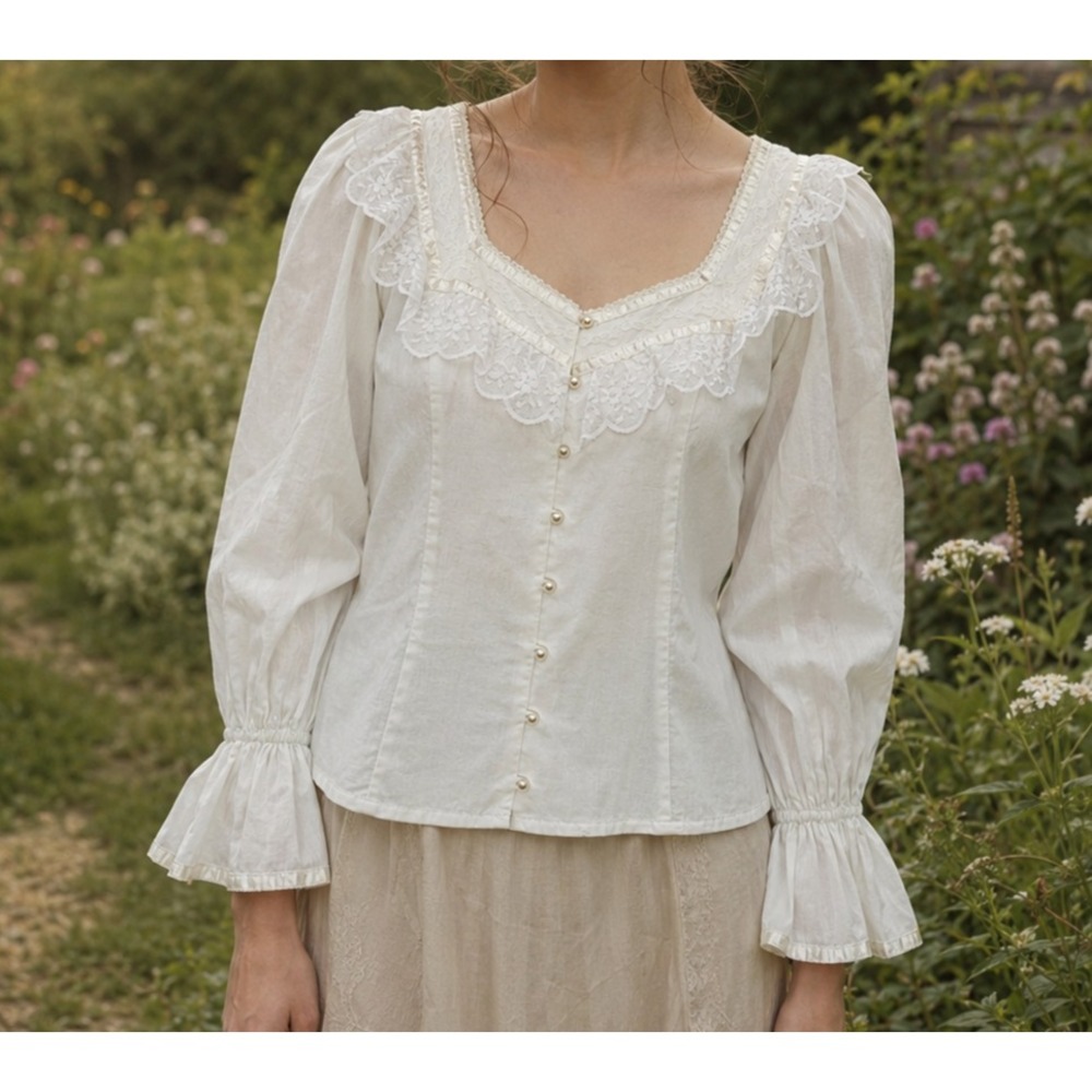 Gunne Sax Jessica McClintock Lace Victorian Blouse Pearl Button Size 9 Vtg 70s - Picture 13 of 14